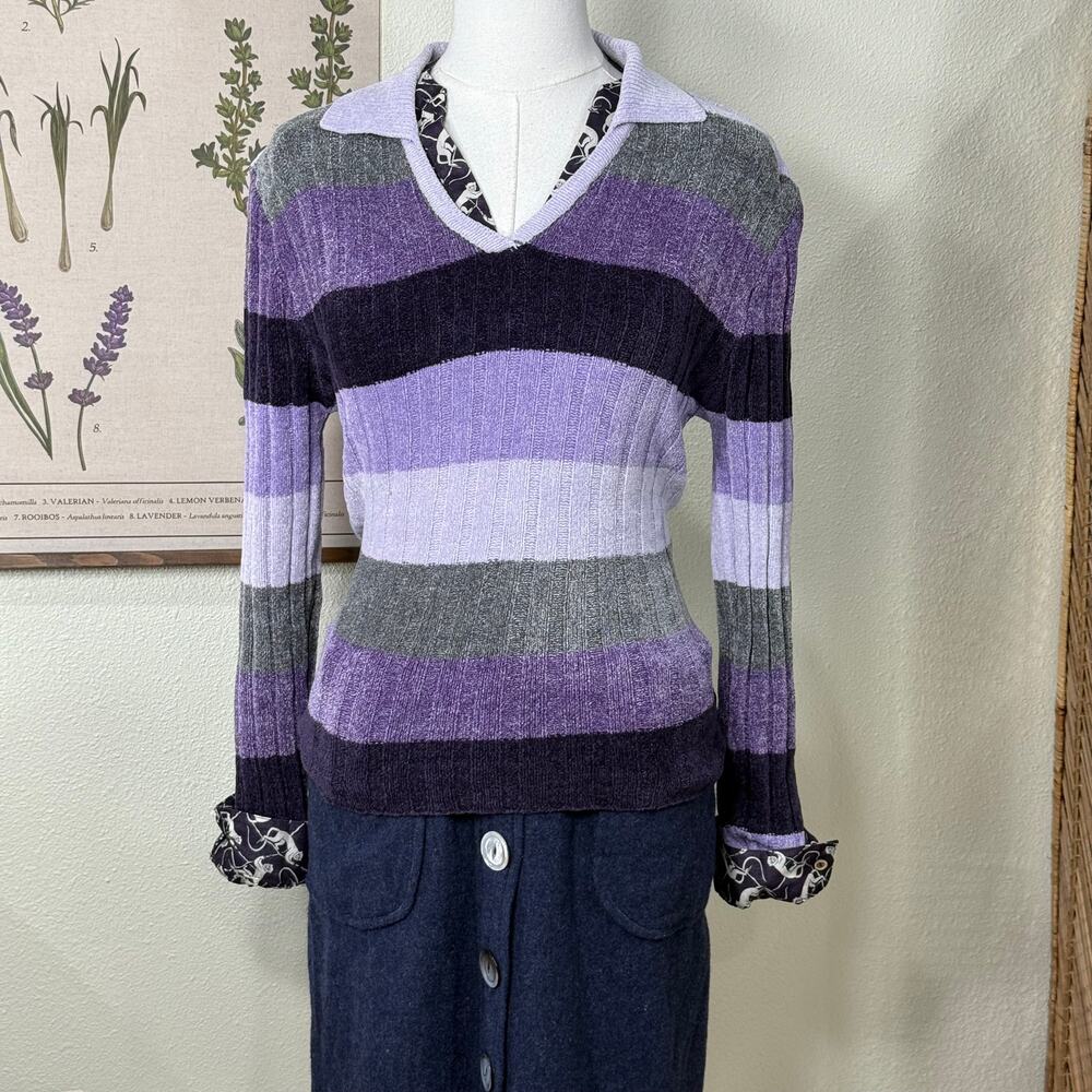 Vintage 90s Y2k Collared Chenille Striped Sweater Whimsy Twee Whimsigoth Retro L